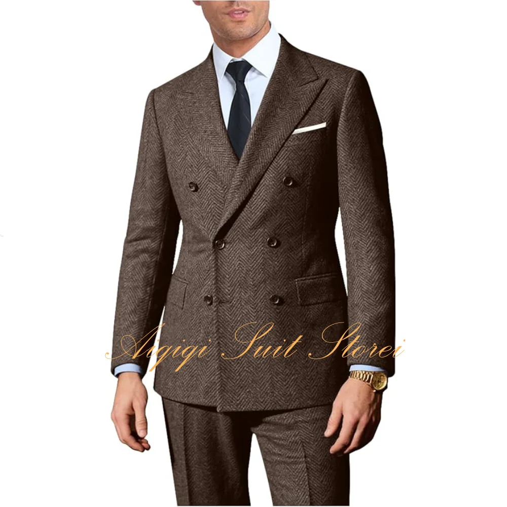 

Retro 2 Pieces Suit Men Slim Fit Formal Double Breasted Tweed Herringbone Men Suit Jacket Pants Set Wedding Tuxedo