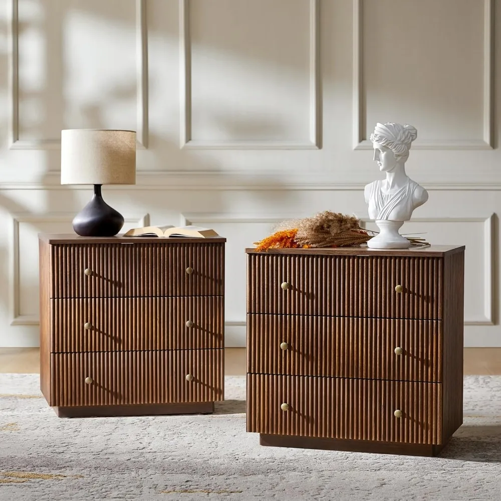 

pair of modern fluted nightstands with 3 drawers, charging station, and solid wood construction, standing at 26.25" tall