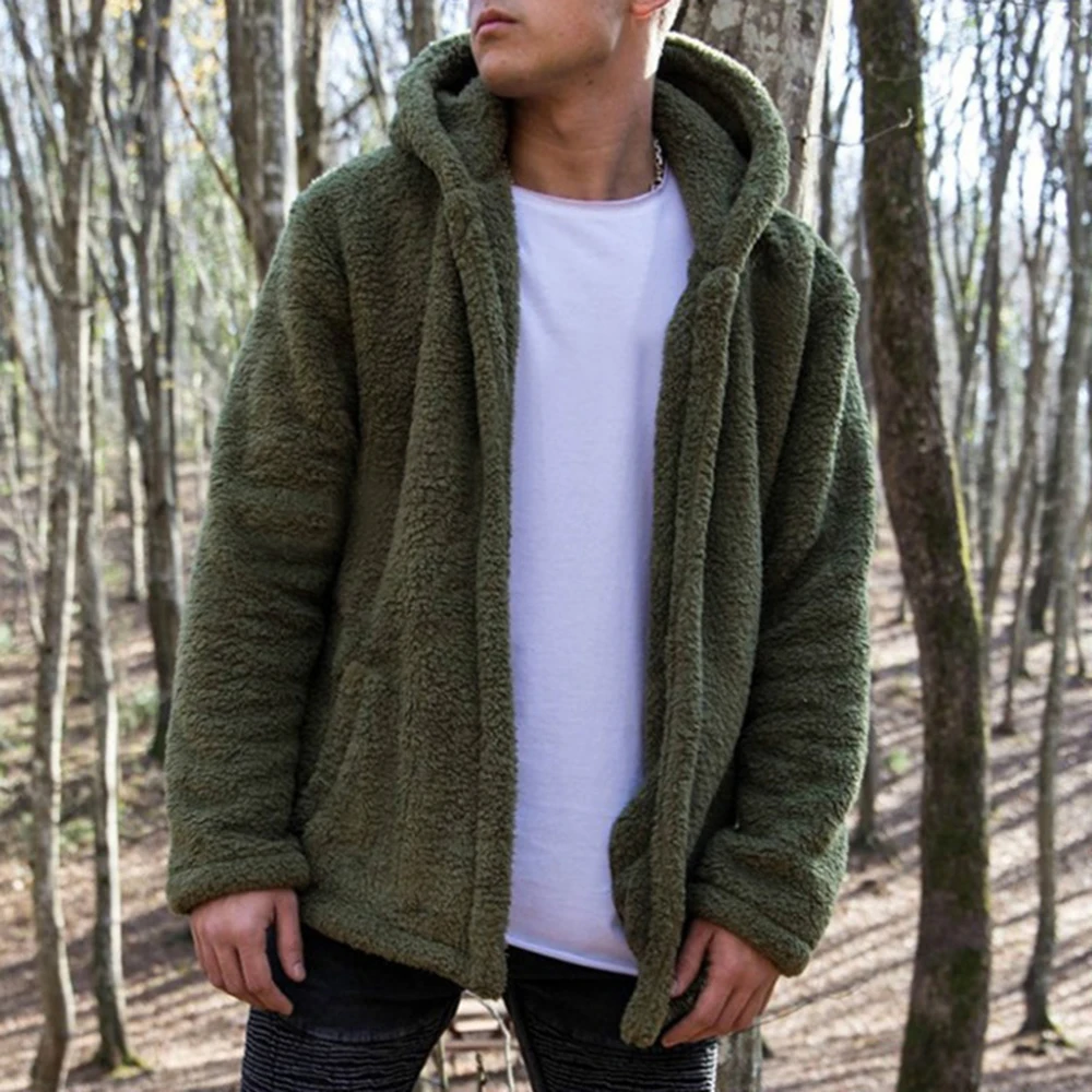 Y2K Fashion Mens Fluffy Plush Hooded Jacket Plush Long Sleeve Cardigan Pocket Warm Hooded Loose Korean Style Sweatshirt Jacket