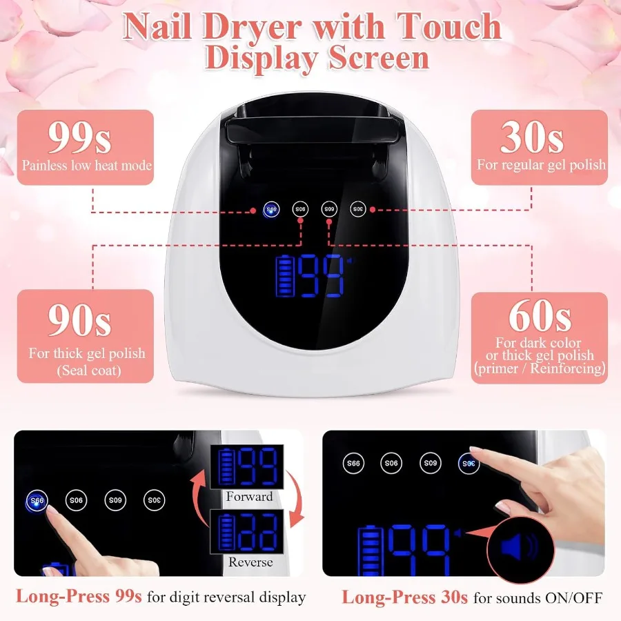 مصباح أظافر LED لاسلكي بالأشعة فوق البنفسجية بقدرة 96 وات مصباح أظافر للأشعة فوق البنفسجية لطلاء الأظافر ومجفف أظافر محمول ومصباح أظافر محمول مع 4 مؤقت وشاشة LCD