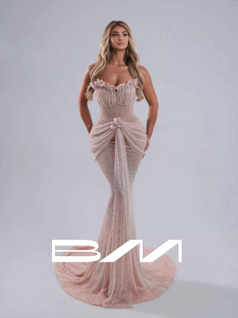 

Blush-toned Mesh Fabric Pleated Evening Dress With Front Tail Shiny Flowers Strapless Romantic Sexy Mermaid Customized Prom Gown