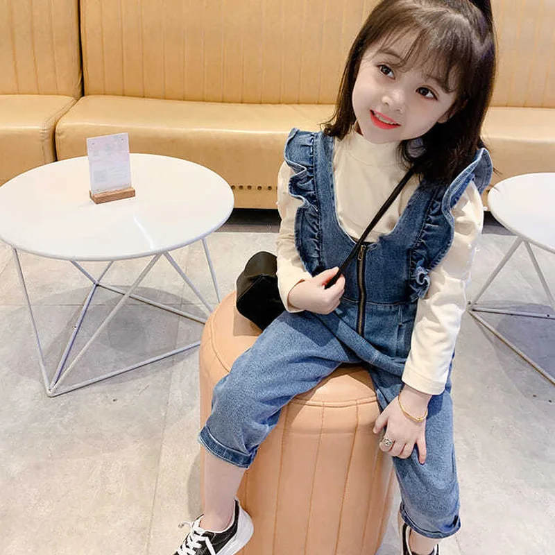 1 Piece Girls\' Denim Jumpsuits 2021 Spring Autumn New Trousers Children\'s Ruffles Overalls Girl Fashion Loose Denim Suspenders