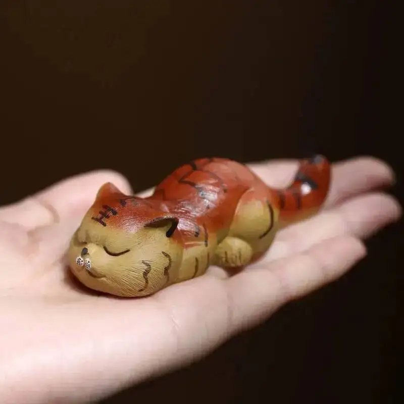 Zisha Tea Pet Tiger Ornament Zodiac Brushed Clay Painted Little Cute Tiger Tea Plaything Tea Play Desk Pen HolderЧаепитие