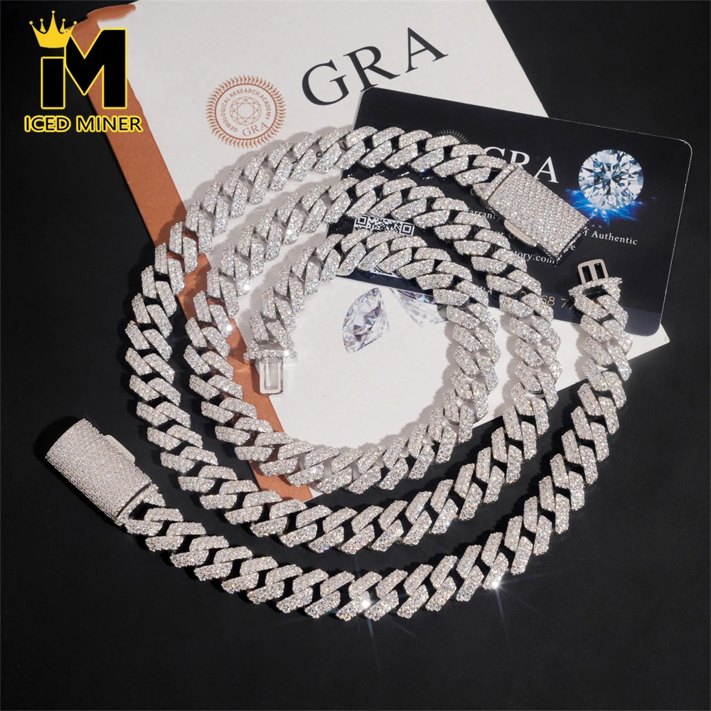 12mm Icedminer 2 Rows VVS Moissanite Cuban Link Chain Iced Out Necklaces For Men Women S925 Silver Choker Pass Tester Hip Hop