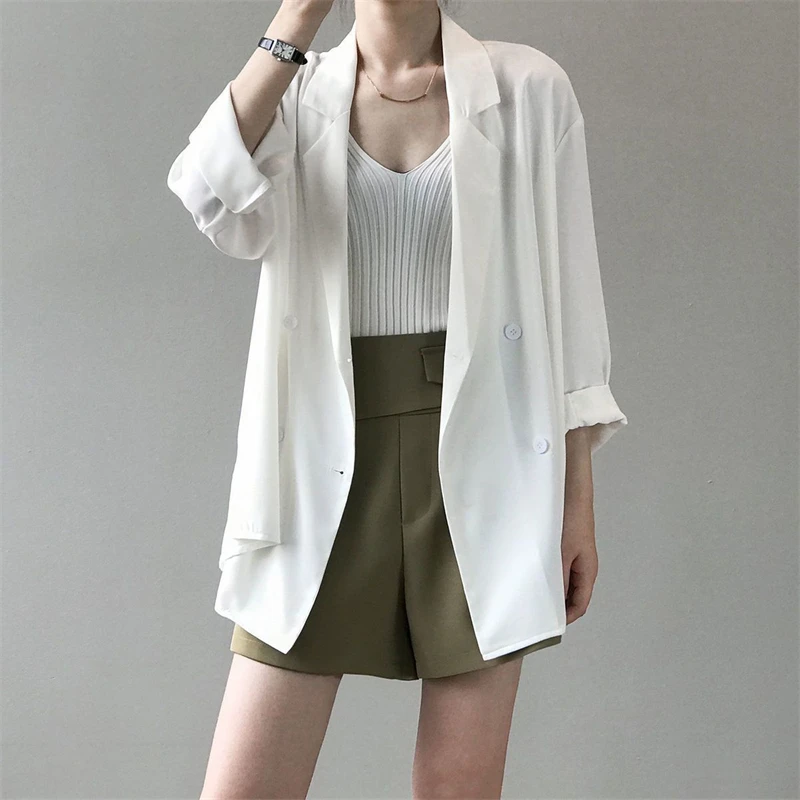 Women Korean Fashion Minimalist Black White Chic Suit Jacket Office Lady Business Casual Long Sleeve Loose Blazers Ropa De Mujer