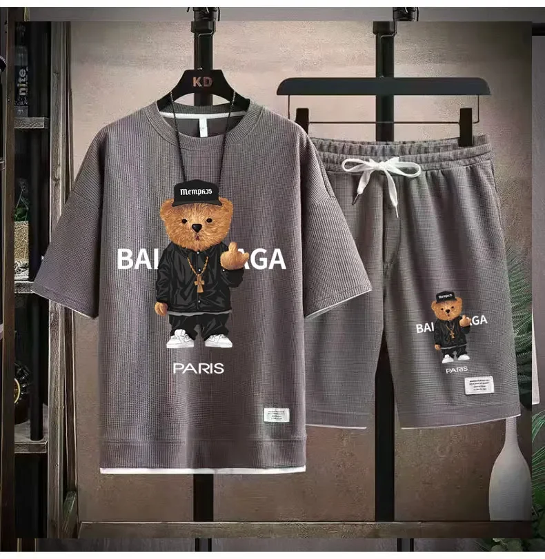 2024 Korean fashion Printed bear T-Shirts Shorts Men\'s Sets Luxury leisure 2 Piece Outfit Streetwear Summer Quality Tracksuit