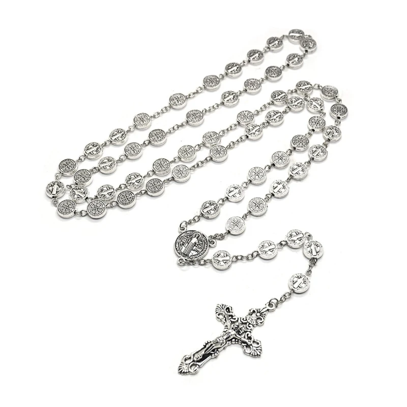 Saint Benedict Vintage Silver Metal for Cross Rosary Necklace Catholic Prayer High Quality Christ Prayer Beads Necklace