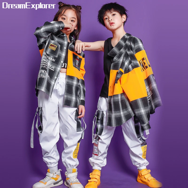 Hip Hop Girls Plaid Shirt Joggers Boys Contrast Jacket Cargo Pants Street Dance Clothes Sets Child Streetwear Kids Jazz Costumes