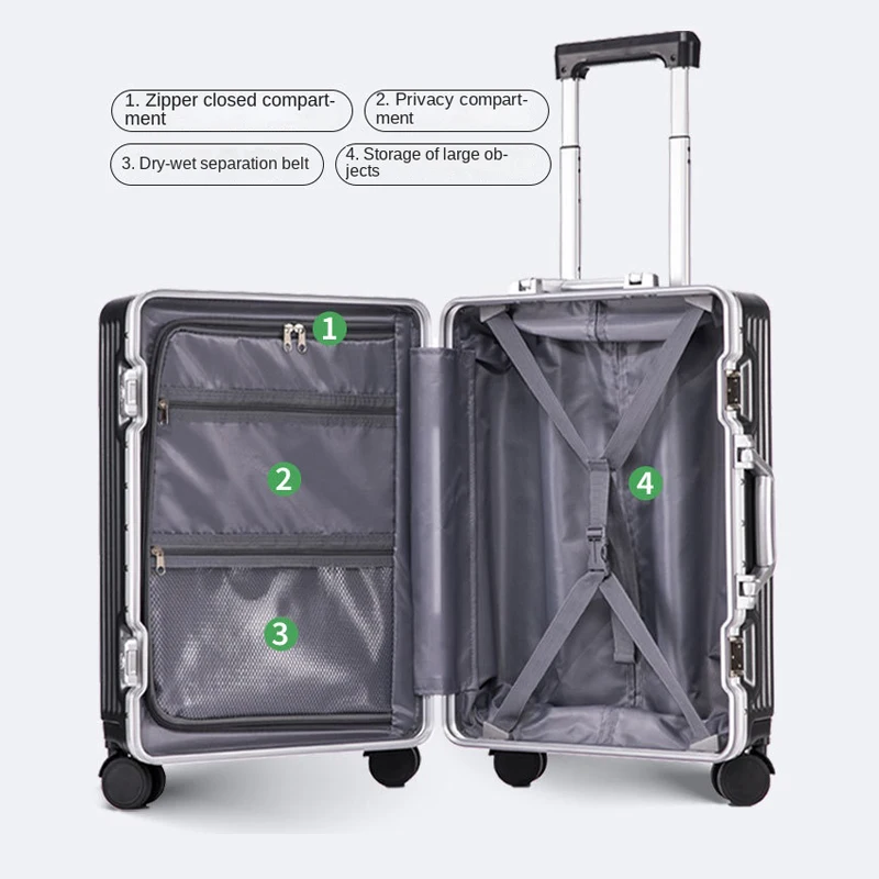 Travel Suitcase Trolley Case Front Opening Aluminum Frame Business Boarding Rolling Luggage with Cup Holder Password Suitcase