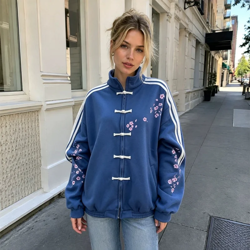 Damen-Sweatshirt mit Stehkragen und Reißverschluss, Kirschblüten-Stickerei, chinesische Knöpfe, Streetwear, lässige, lockere Passform, Jacke – Detail 10