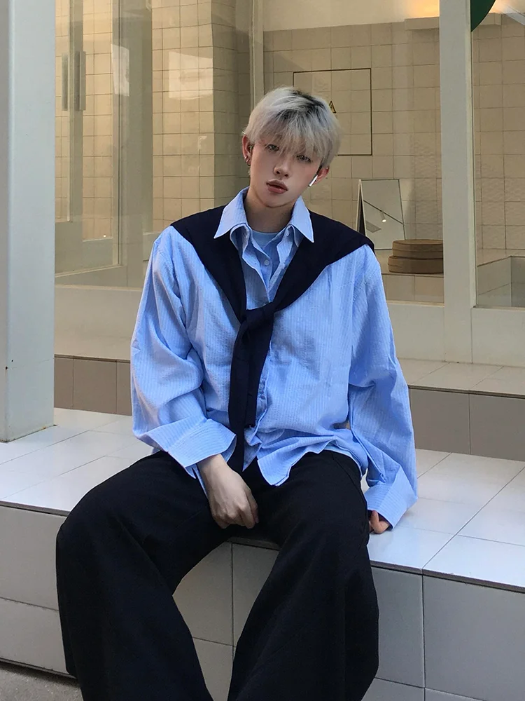 

Мужская повседневная рубашка с двойным воротником и эффектом двухслойности, в американском студенческом стиле, крутая и стильная