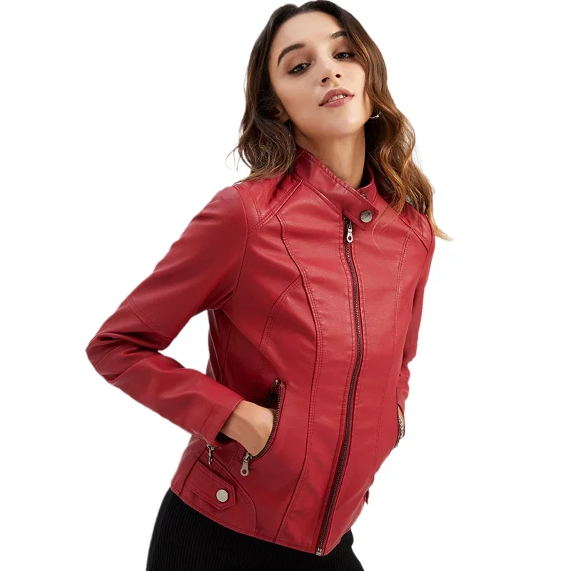 Nueva chaqueta de cuero para mujer, abrigo de PU para motocicleta con ribete a la moda, Tops negros, morados y marrones, Menteau femenino