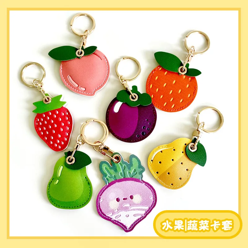Cute Cartoon Fruit PU Leather Card Holder Keychain Portable Access Control Card Protector Creative Bag Charm for Women Girls