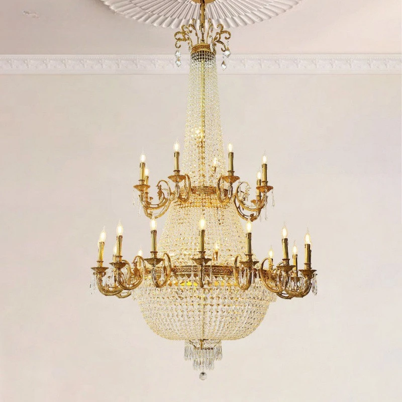French duplex building chandelier European court lobby living room all copper villa luxury crystal empty