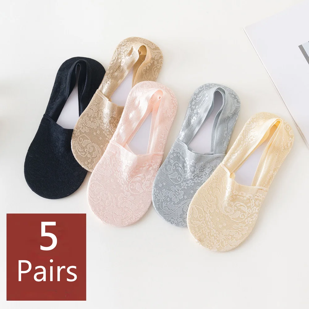 5 Pairs Women's Summer Fashion Lace Flower Short Socks Antiskid Invisible Ankle Socks For Girls Super Comfortable