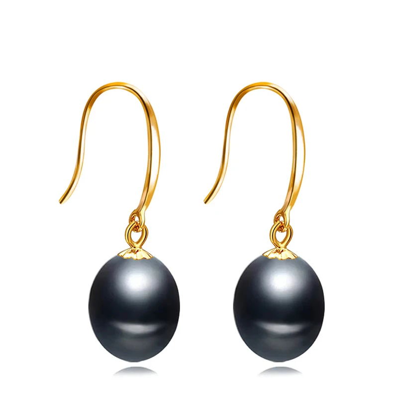 18K Yellow Gold Black Pearl Drop Earrings For Girls,Trend Freshwater Pearl Earrings AU750 For Women