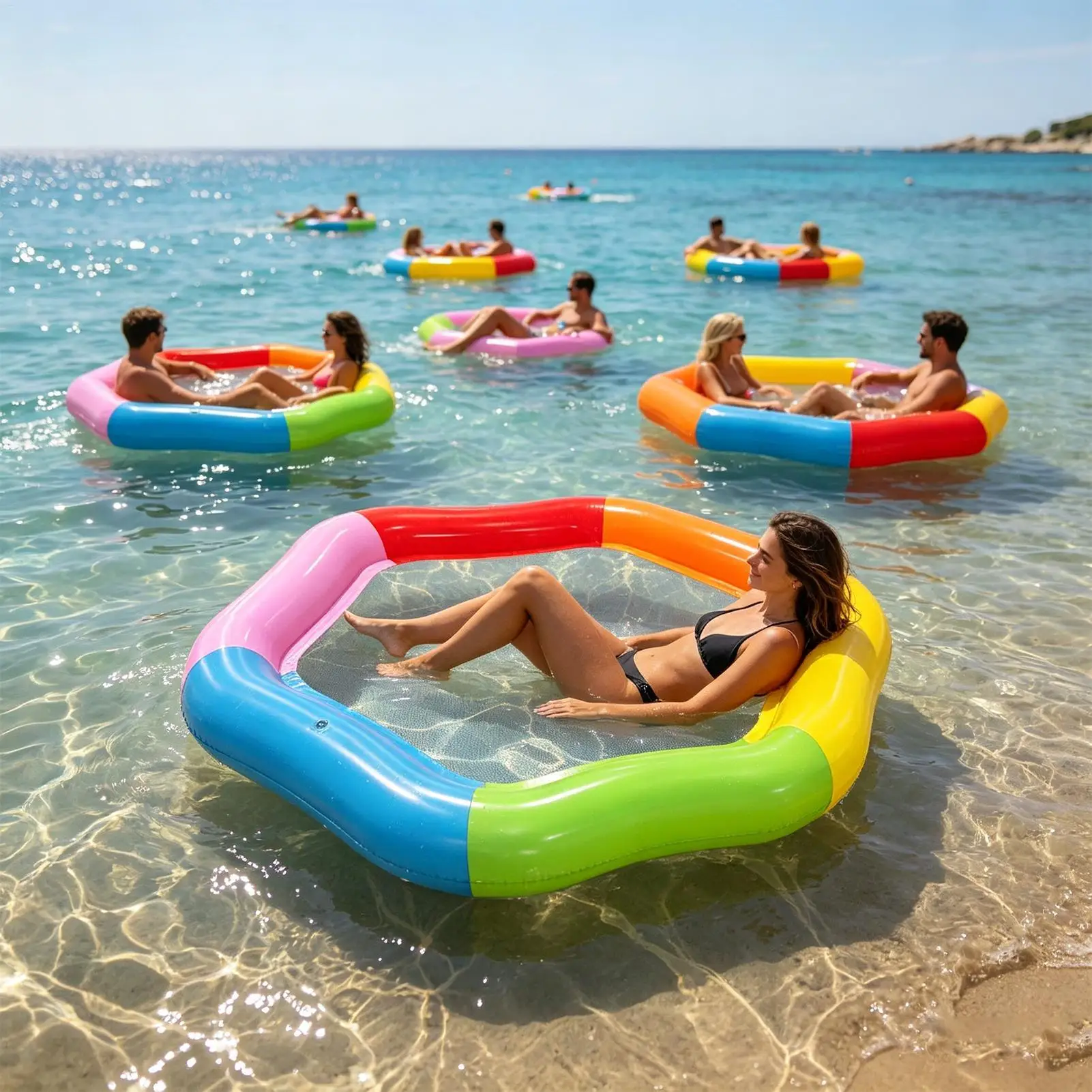 Large Inflatable Water Float Hexagonal Inflatable Colorful Mat Water Floating Mat for Lake Sea Beach River Pool