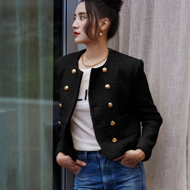 女性ブレザールーズオフィスポケットショートコートダブルブレストツイードカーディガンコート秋冬厚手カジュアル長袖ジャケット