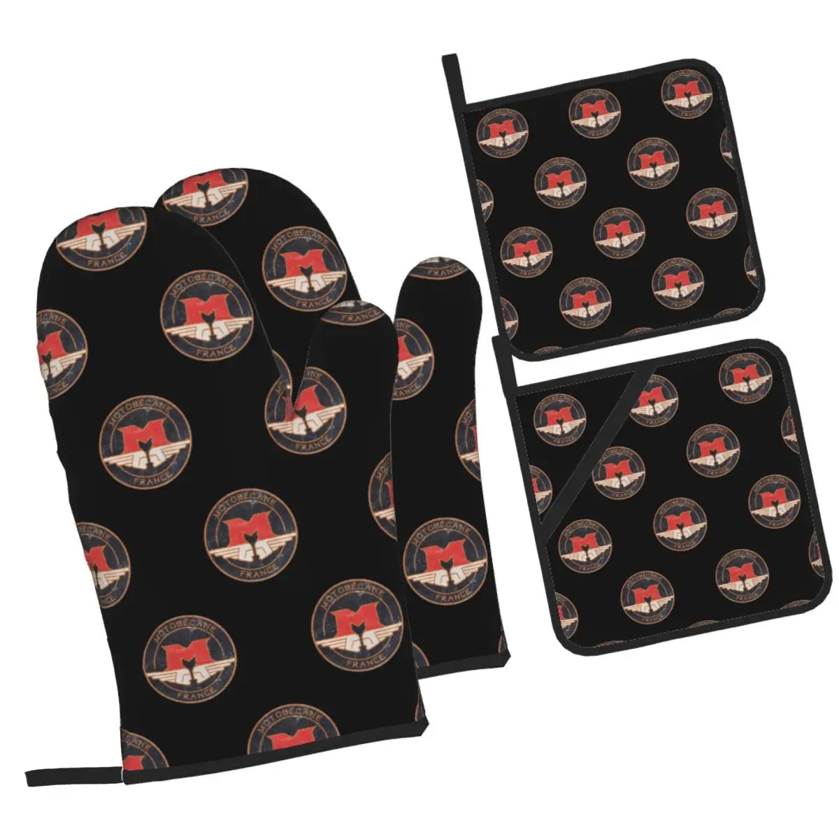MOTOBECANE . Retro Badge Oven Mitts and Pot Holder Sets of 4 for Baking Kitchen Cooking BBQ Resistant Non-Slip Gloves