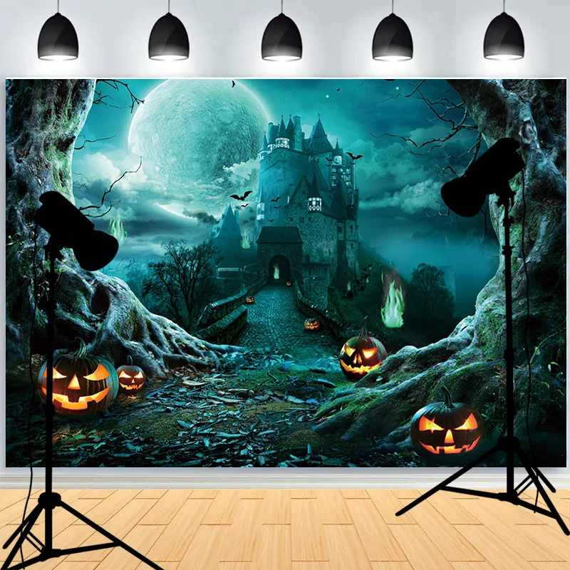 Fondo de Halloween para niños y adultos, telón de luna llena, noche aterradora, castillo, árboles, calabaza, linterna, decoración de fiesta familiar, WH-01