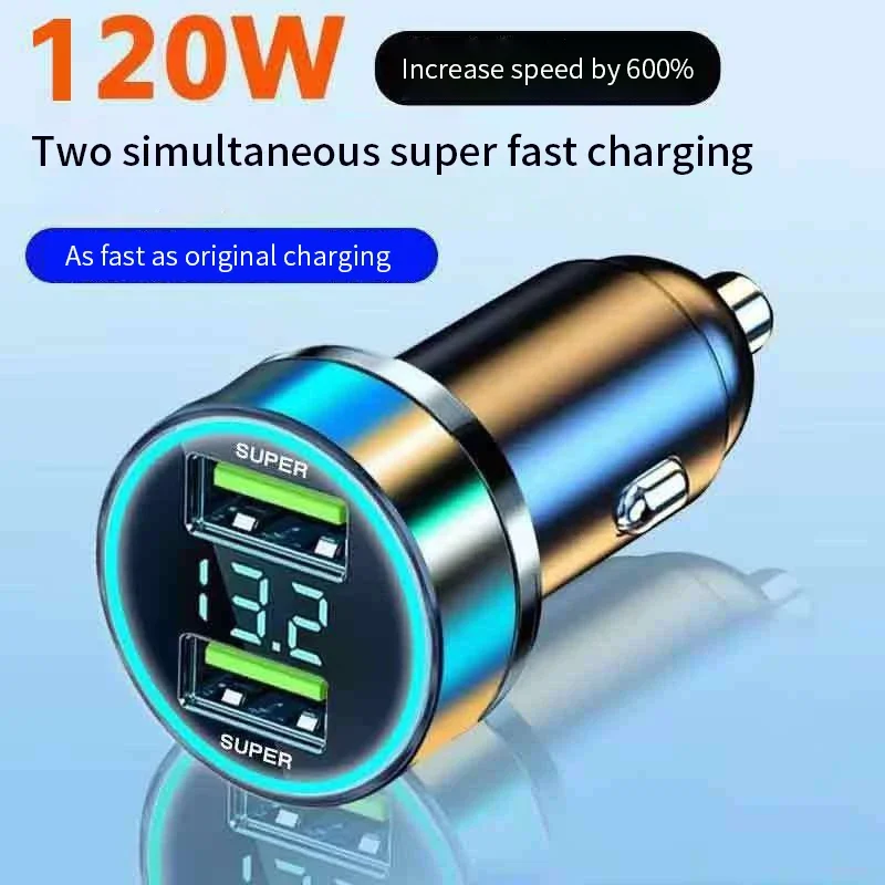 240W Car Charger Fast Charging 2 USB Ports Adapter for IPhone Samsung Xiaomi Quick Charging Chargers with Digital Display