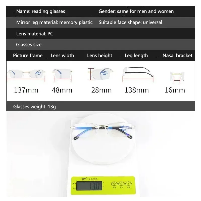 Rahmenlose Anti-Blaulicht-Lesebrille für Damen und Herren, Presbyopie-Brille, Dioptrien +1,0 +1,5 +2,0 +2,5 +3,5 +4,0 – Detail 8