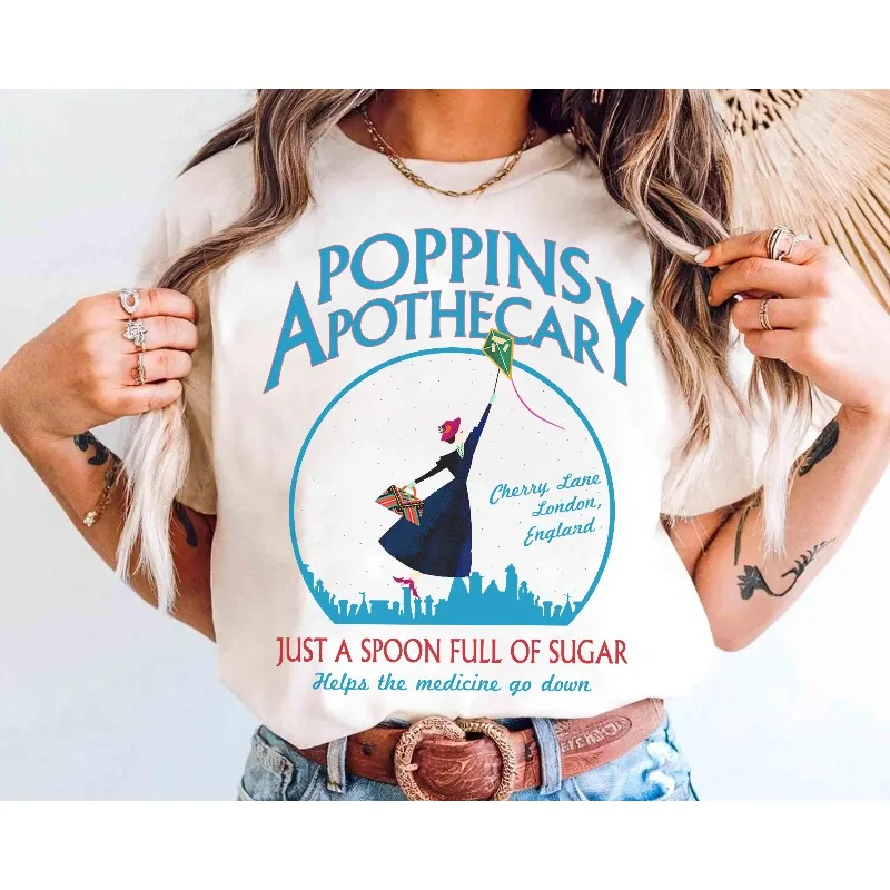 Disney Mary Poppins Pharmacist Cherry Lane London British Shirt Women's T-shirt New Casual Fashion Couple Street Wear