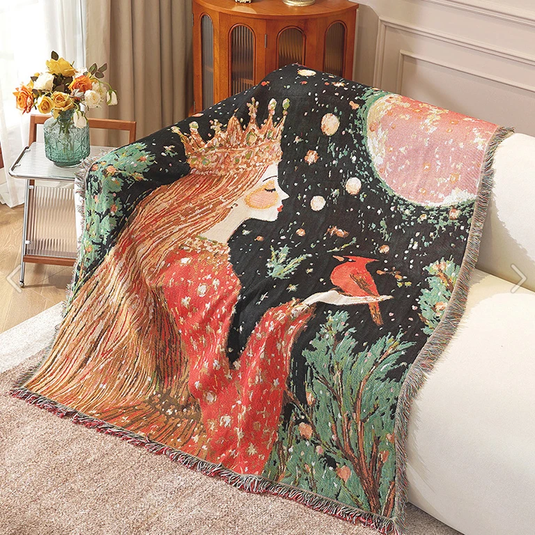 

Thickened Retro Sofa Cushion Cover Decorative Tapestry Camping Blanket Nordic Style Mixed Material Cartoon Animation Pattern