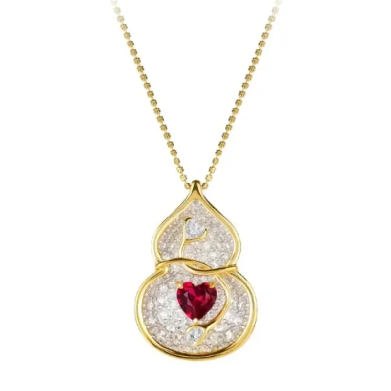 

Bellux Jewelry Pendant Design Gourd Peach Heart Full Diamond Ruby 925 Silver Gold Plated Necklace