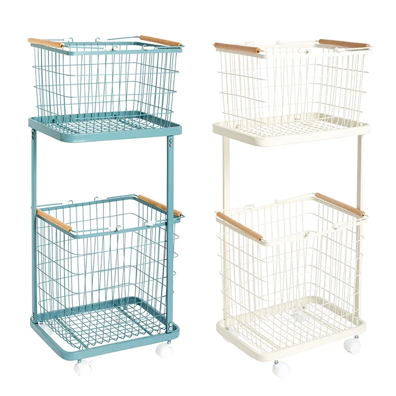 Vintage 2-layer metal wire tie rod basket obstructs bathroom storage Iron laundry basket with wheels