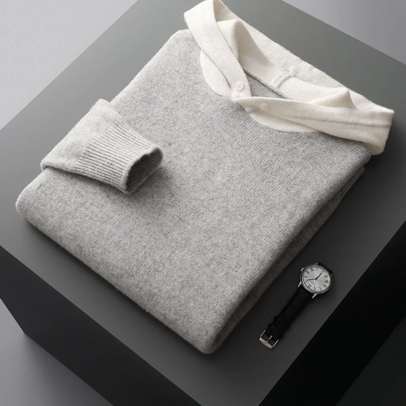 Autumn and winter men's high-quality solid color warm wool sweater hooded pullover sweater knitted sweater loose and thick