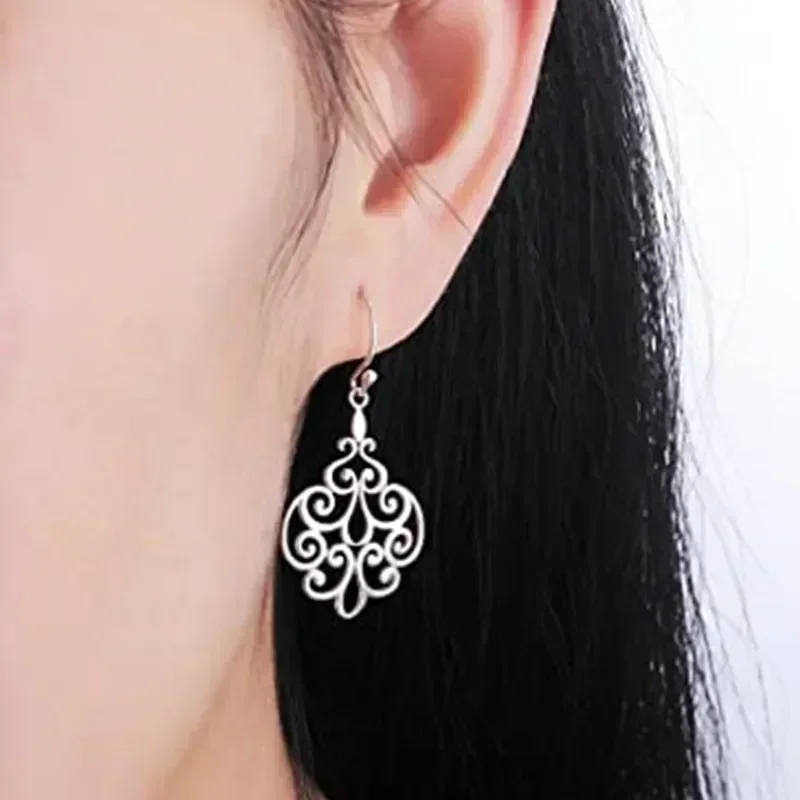Gift Boho Style Beauty Hollow Out Dangle Earring Women for Party Daily Wearable Elegant Accessories Metal Silver Color Jewelry