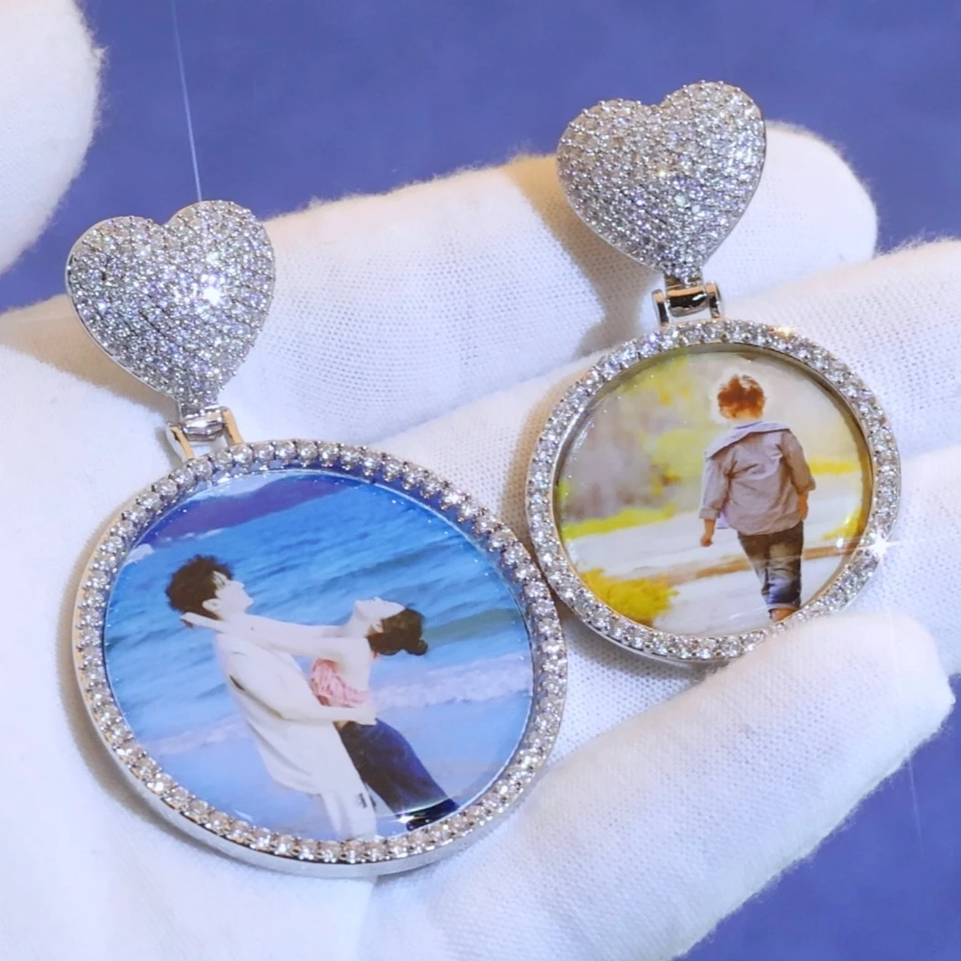 

Heart Bail Circle Chain Photo Pendant Iced Out Diamond Memorial Picture Necklace Brass 18K Gold Plated 5A CZ Hip Hop Jewelry