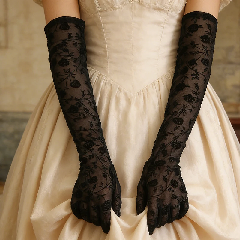 55 cm lange, sexy Handschuhe mit Blumenmuster für Damen, niedliche, süße Prinzessin, Cosplay, Bühnenauftritt, Bankett, Konzert, dünnes Netz-Zubehör