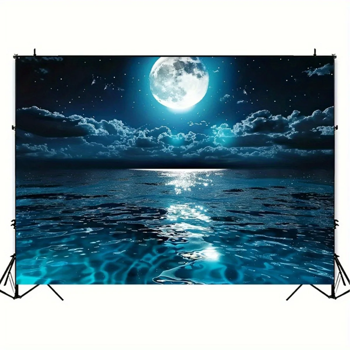 Full Moon Night Sky Ocean Sea Waves Tapestry 2D Flat Blue Moonlight Wall Hanging for Bedroom Living Room Home Decor FabricPoster