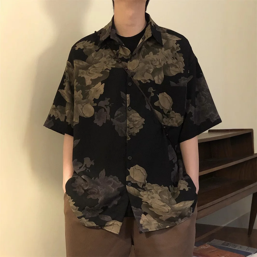 2026 New Summer Men's American Retro Floral Print Short Sleeve Shirt Dopamine Style Hong Kong Style Casual Button Down Shirt