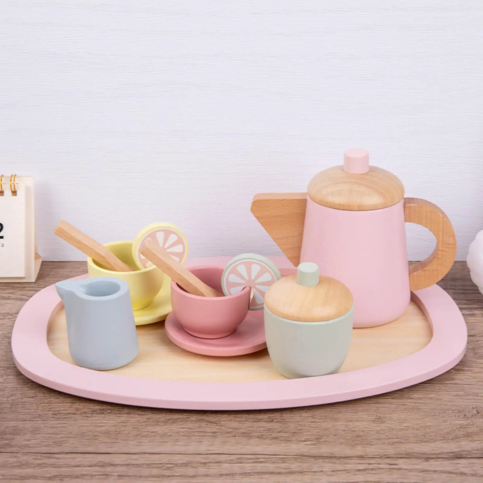 Wooden Tea Set Cup Saucers Spoons Tray Pretend Tableware Set for Party Favors Children Boy Girl Toddlers Preschool