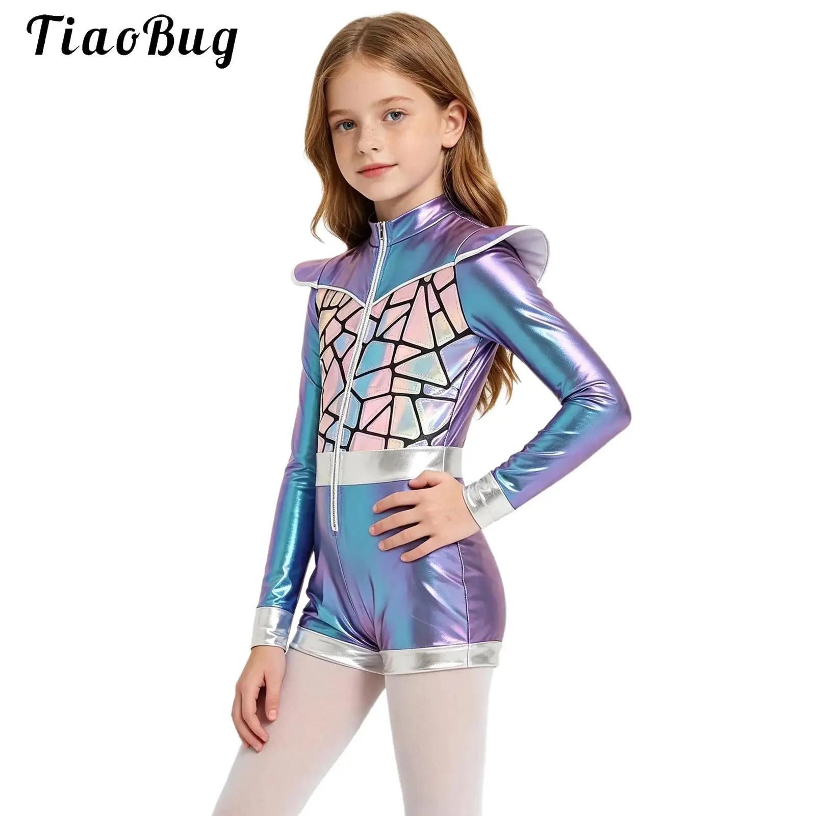 Girls Shiny Alien Outerspace Halloween Costume Kids Metallic Alien Jumpsuit Glitter Sequin Long Sleeve Short Bottom Romper Suits