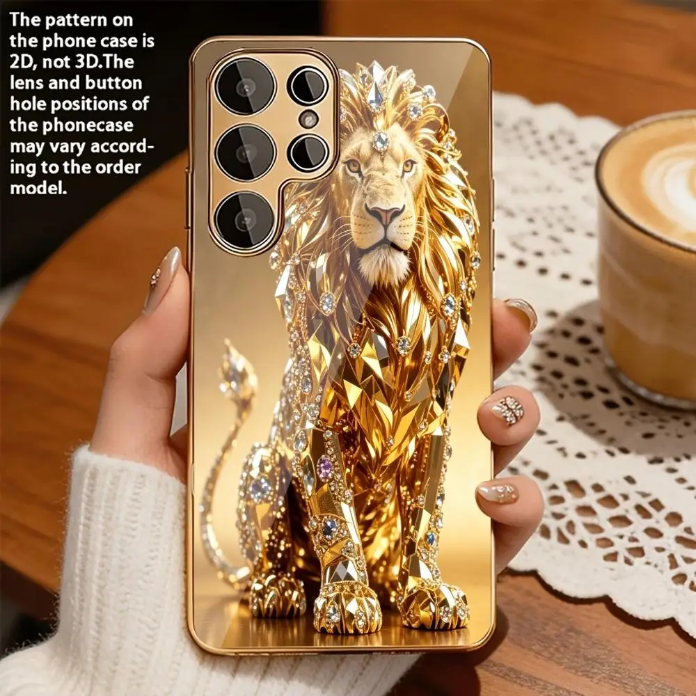 Crystal Gold Lion Pattern Glass Phone Case Gold Metallic Paint Shockproof Protective Cover For Samsung S26 Ultra S25