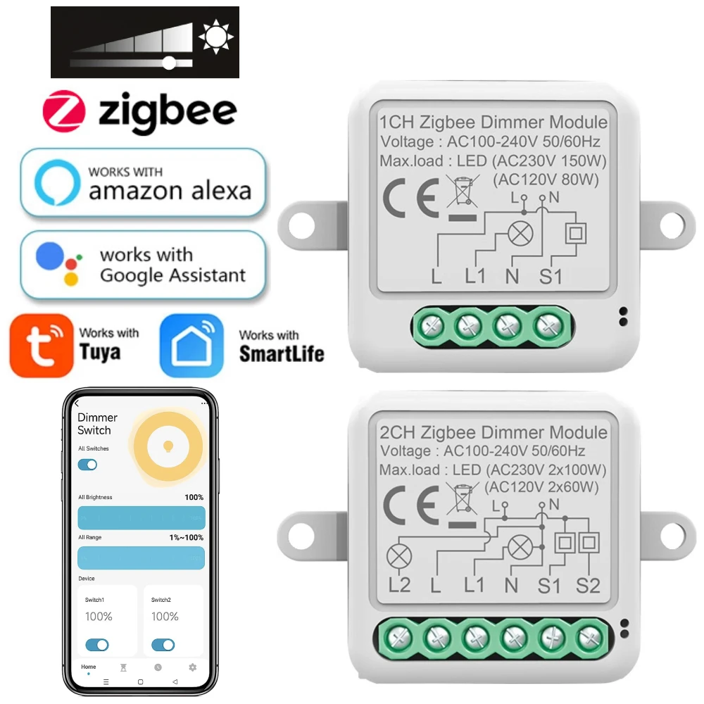 Tuya ZigBee 3.0 Smart Dimmer Switch Module Supports 2 Way Control Dimmable Switch Works with Alexa Alice Google Home Smart Life