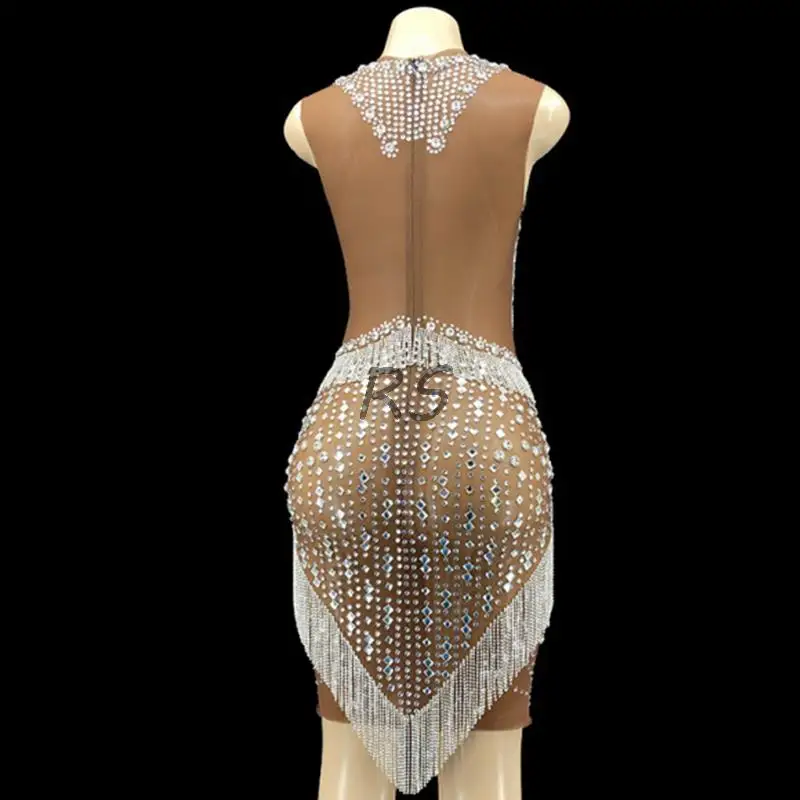 Robe courte transparente à franges en strass pour femmes, scintillante et argentée