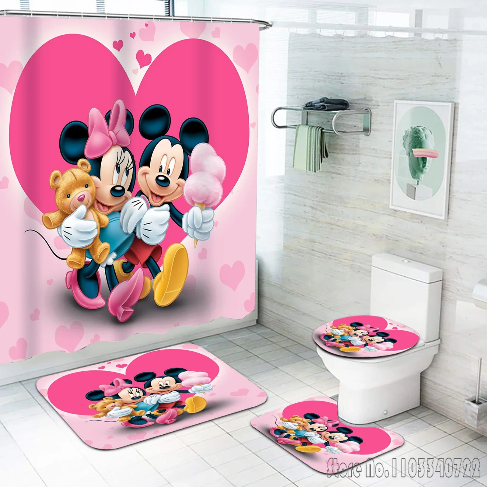 Disney Mickey Minnie Mouse Anime Bath Shower Curtain Set 4pcs with Hooks Waterproof Bathroom Toilet Mat Lid Decor