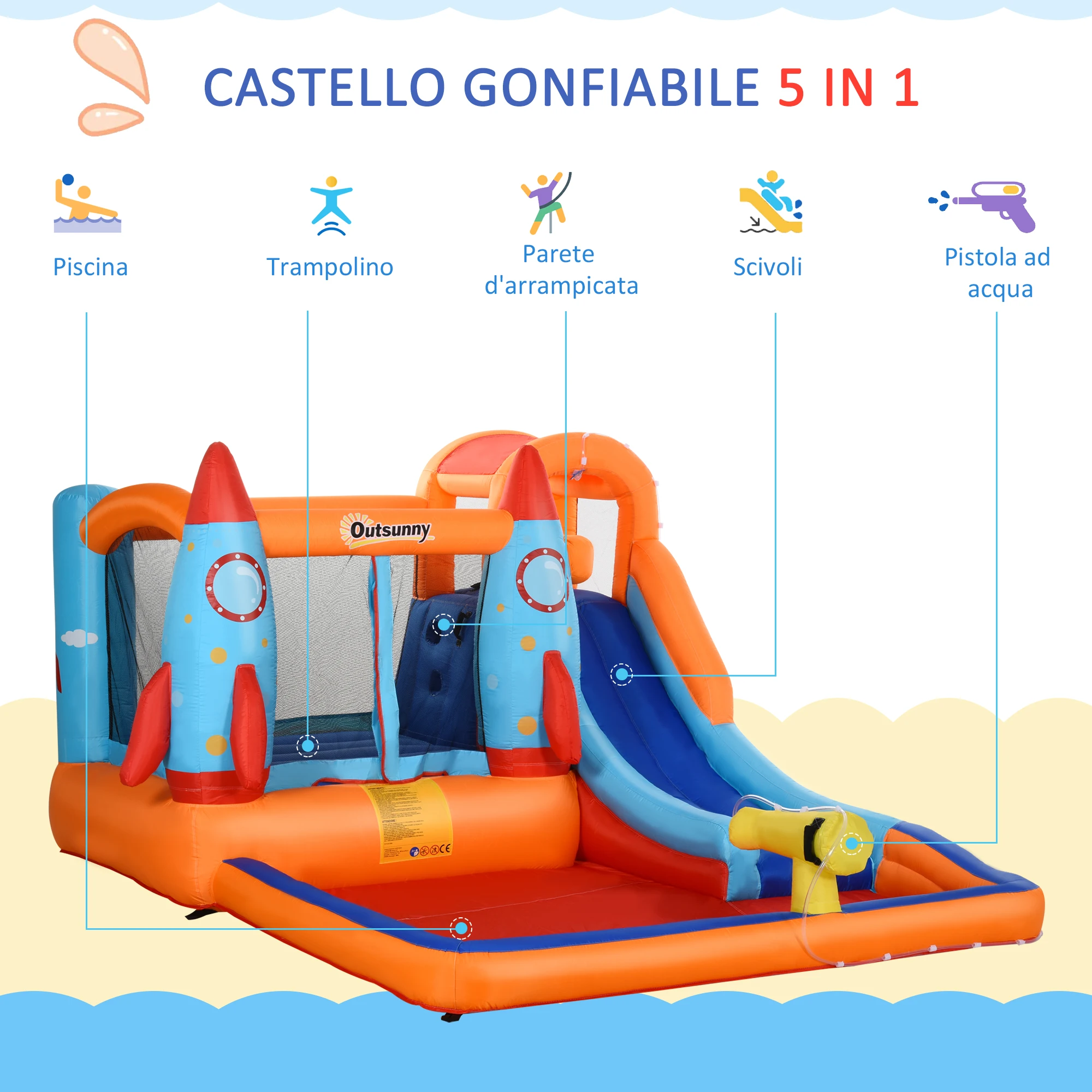 Immagine 5: Outsunny Castello Gonfiabile per Bambini 5 in 1 con Scivolo, Trampolino, Piscina, Parete da Arrampicata e Pistola ad Acqua, Gioco Gonfiabile per 4 Bambini 3-8 Anni, 350x250x185 cm