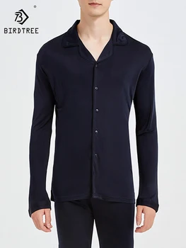 طقم بيمنامة من حرير التوت الحقيقي للرجال ، بأكمام طويلة ، محبوكة ، مريحة ، كبيرة الحجم ، ملابس منزلية غير رسمية ، طية صدر ، 30 ، S41111QC