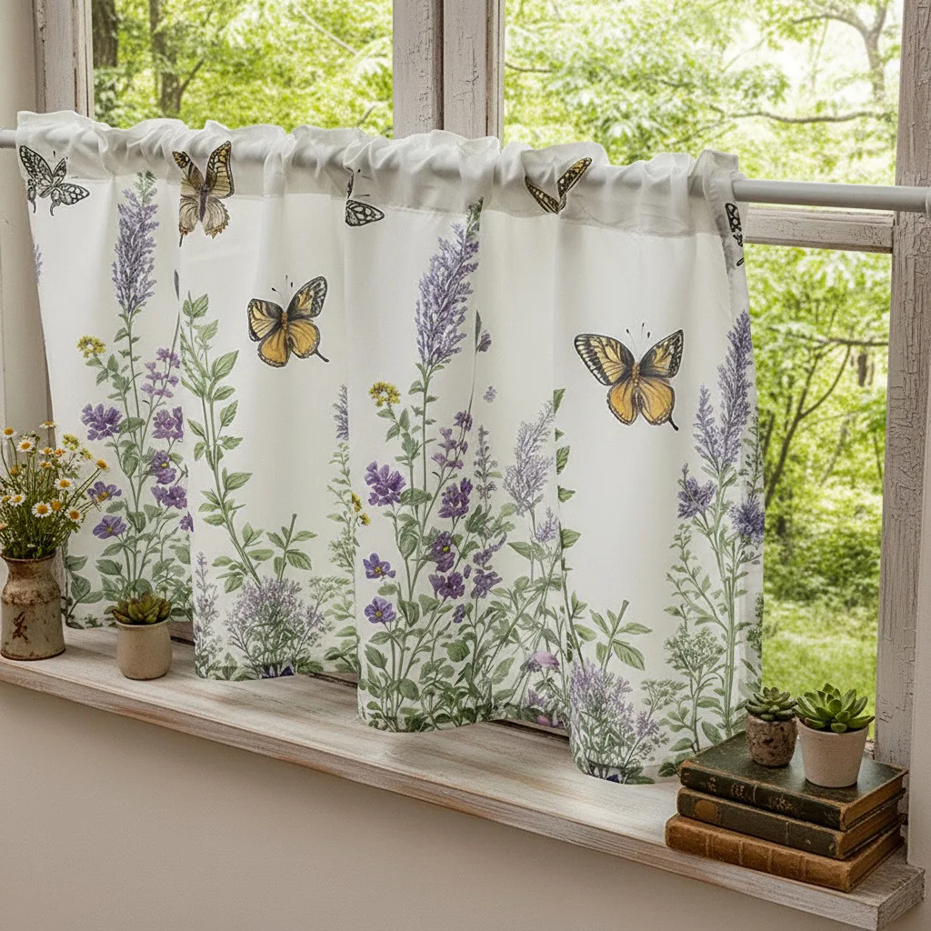American Country Butterfly Lavender Print Cafe Curtain Pastoral Short Kitchen Door Sheer Half Window Rod Pocket Curtain Decor