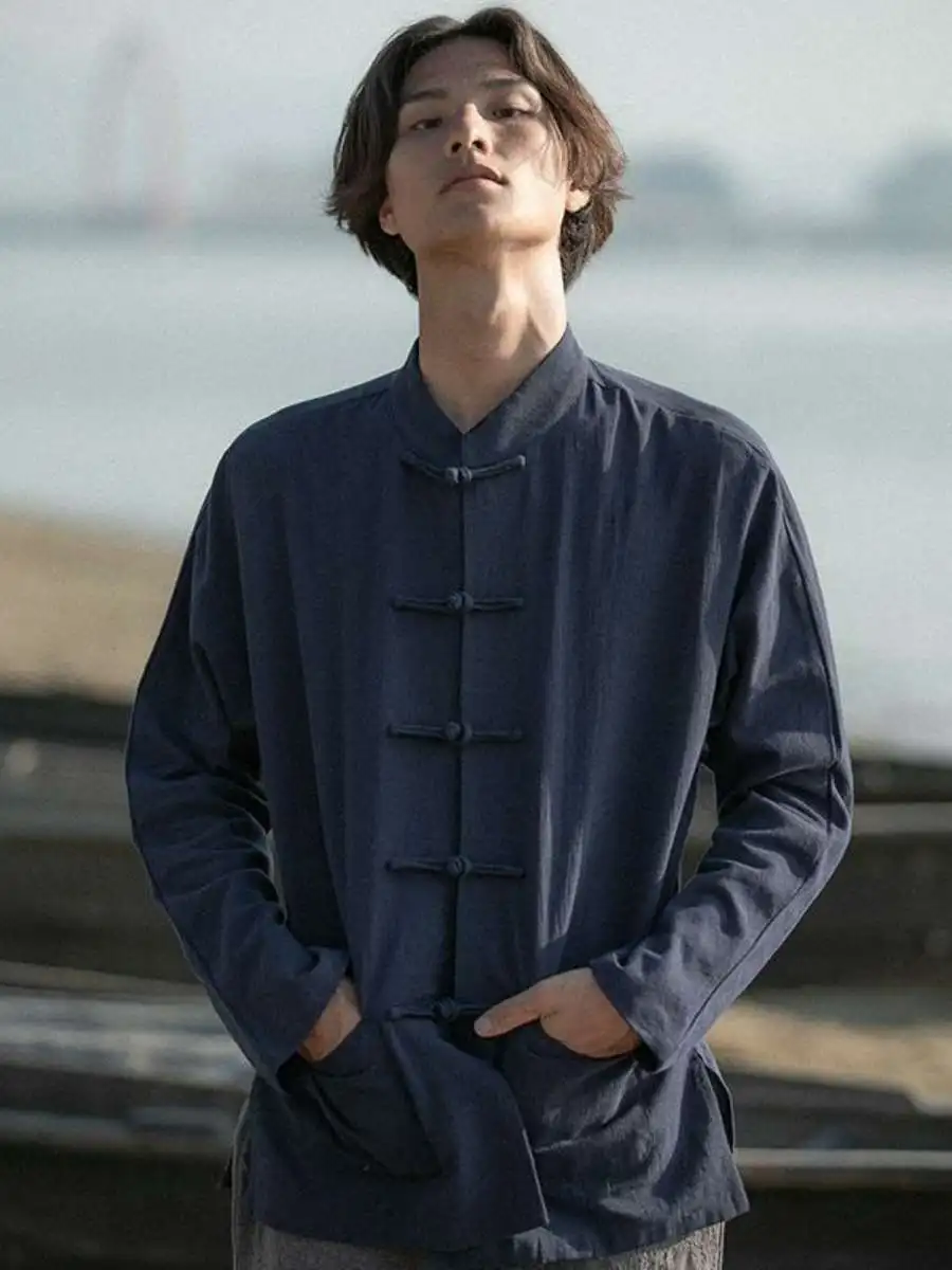 

Men's Trendy Retro Cotton Linen Long Sve irt Stand Collar Zhongan Sle Casual Loose Fit Spring Autumn Season Wear