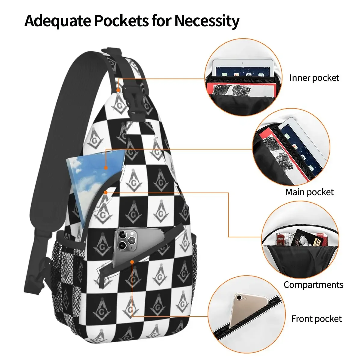 Freemason Checkered Crossbody Sling Bag Chest Bag Sacred Geometry Shoulder Backpack Daypack for Hiking Outdoor Camping Bookbag