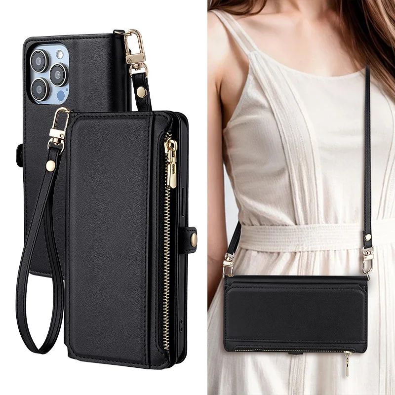 

Multi 6 Cards Lanyard Leather Zipper Pocket Wallet Case For Moto G200 G100 G82 G72 G71 G62 G52 G32 G22 Crossbody Flip Cover
