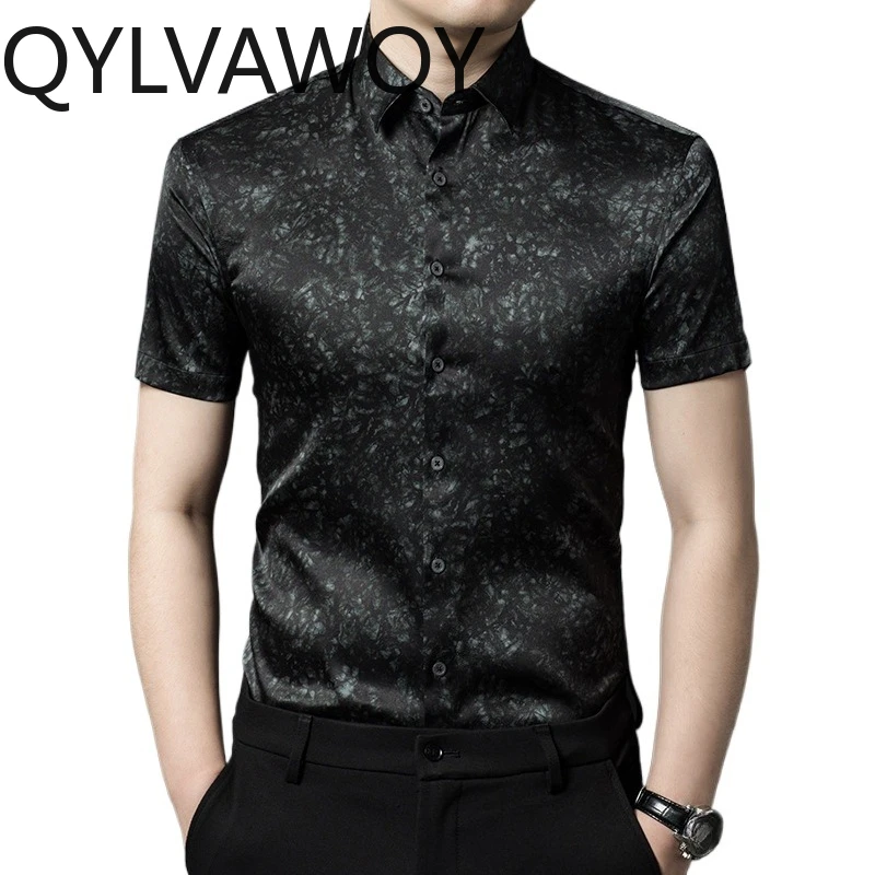 QYLVAWOY 92% Mulberry Silk Shirts for Man Anti-wrinkle Men's Shirts Summer Tops Floral Shirt Short Sleeve Clothes Casual Fashion