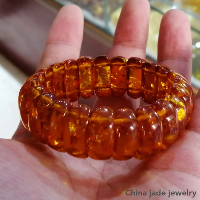 Natural Baltic Amber Flower Wide Bracelet Men Women Healing Jewelry Gemstone Bangle Floral Ambers Elastic Lucky Amulet Bracelets